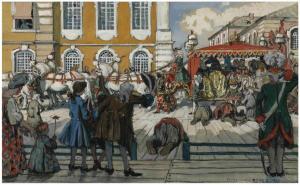 1Alexandre Benois (1870-1960). The promenade of Empress Elizaveta Petrovna. Pencil watercolour and gouache, squared for transfer, on paper-fronted board. 37.8 x 60 cm. 1906
