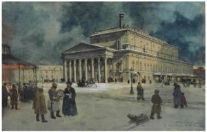 1Alexandre Benois (1870-1960). View of the Bolshoi Theatre in 1885. Watercolour, gouache and pencil on paper mounted on board. 34.3 x 52.1 cm